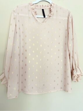Luna Rae Women’s Ruffled V-Neck Blouse in Blush with Gold Foil Motif